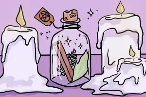 In an article about Wicca, a potion bottle and lit candle are set against a purple background