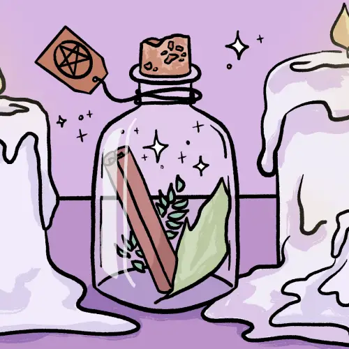 In an article about Wicca, a potion bottle and lit candle are set against a purple background