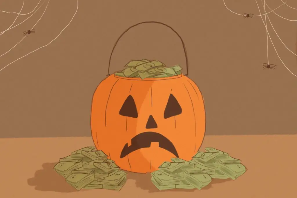 Illustration of a jack-o-lantern full of money, reflecting this year's inflation