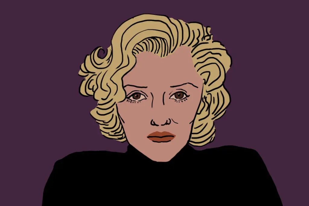 A drawing of blonde shows Marilyn Monroe staring sadly into the camera