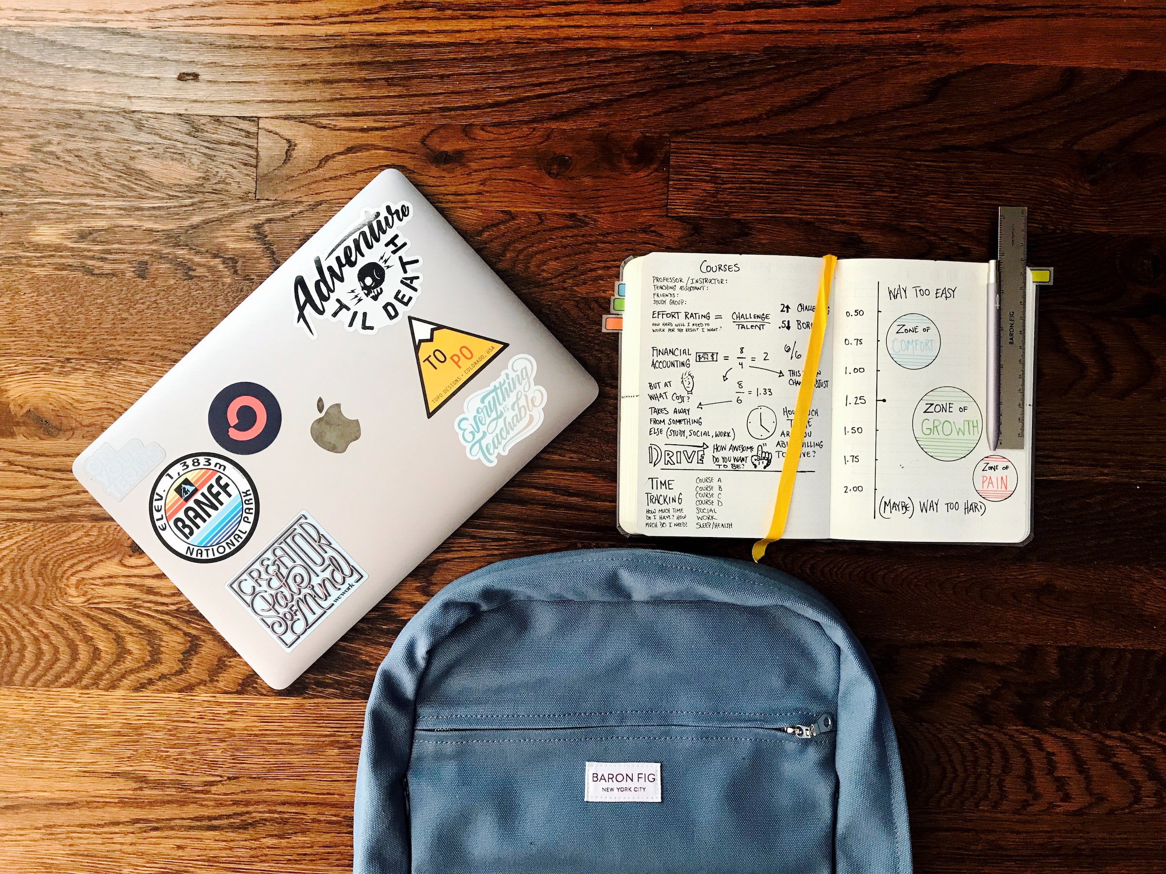 in an article about weed-out classes, an overhead shot of a backpack, a laptop, and an open notebook detailing the amount of work a college student has to worry about