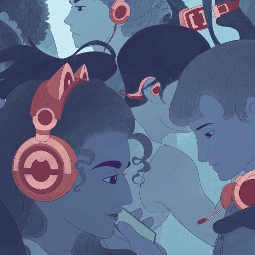 a crowd of students listening to music through headphones