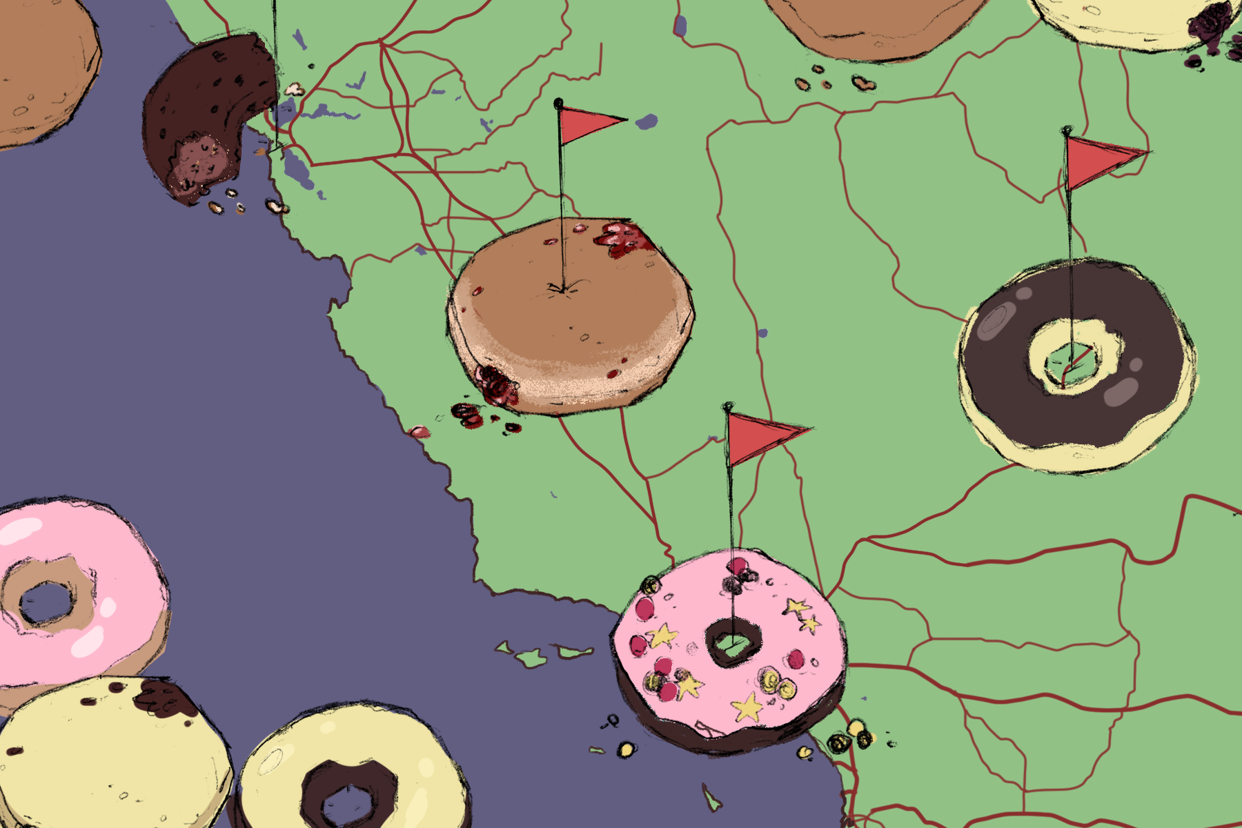 In an article about West Coast donuts, a map of the West Coast marked by different flavors of donuts.