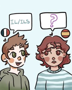 Two figures saying their pronouns in French and Spanish