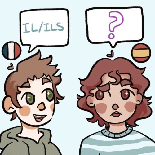 Two figures saying their pronouns in French and Spanish 