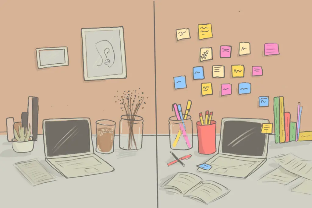 in article about the clean girl aesthetic, illustration of different desk set-ups common to the trend