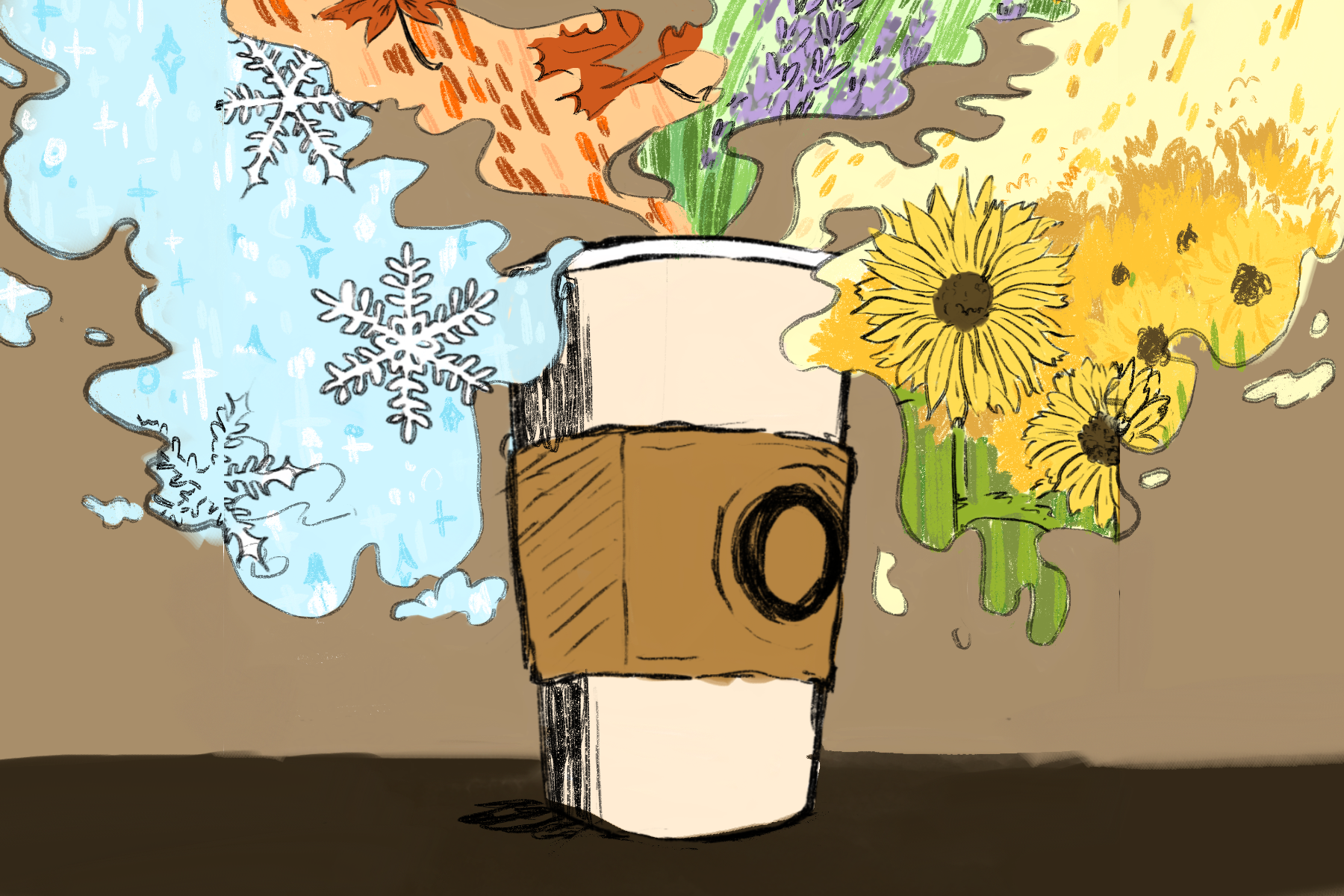 An illustration of a coffee cup with images of different seasons in it steam