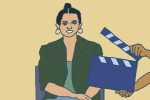An illustration of Selena Gomez seated behind a behind a clapperboard