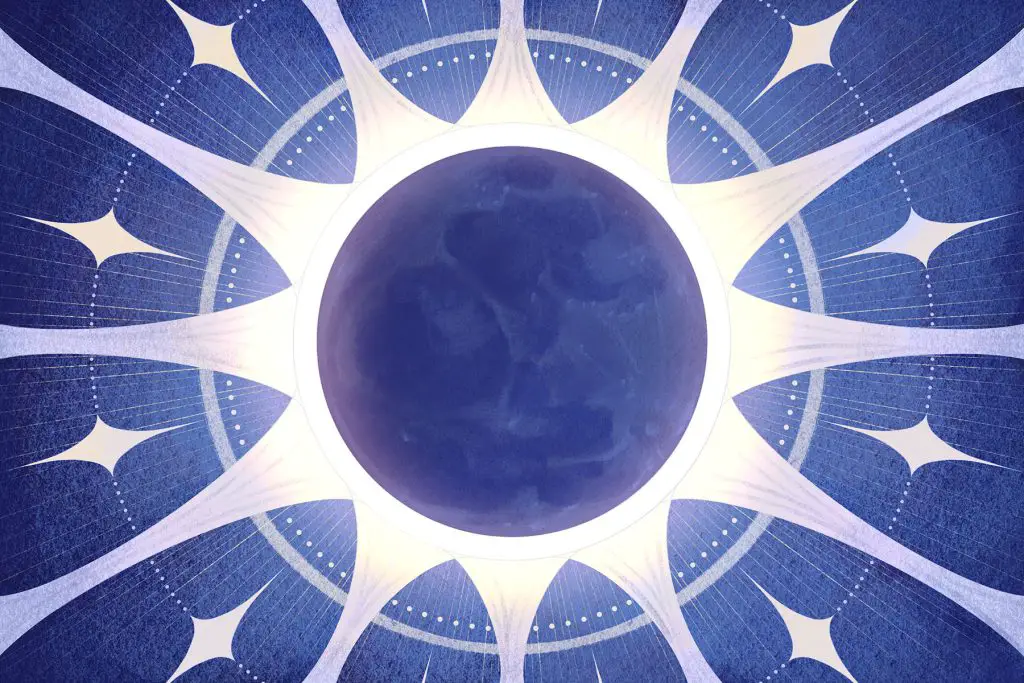 in article about solar eclipse, illustration of a moon blocking the sun on a blue background