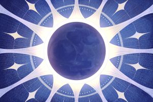 in article about solar eclipse, illustration of a moon blocking the sun on a blue background