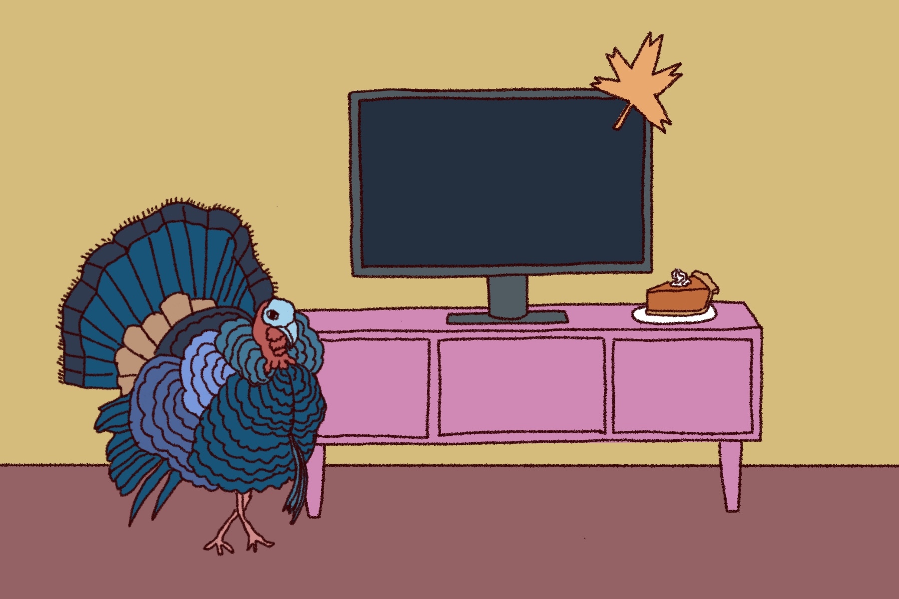 In an article about Thanksgiving specials, a picture of a turkey next to a television.