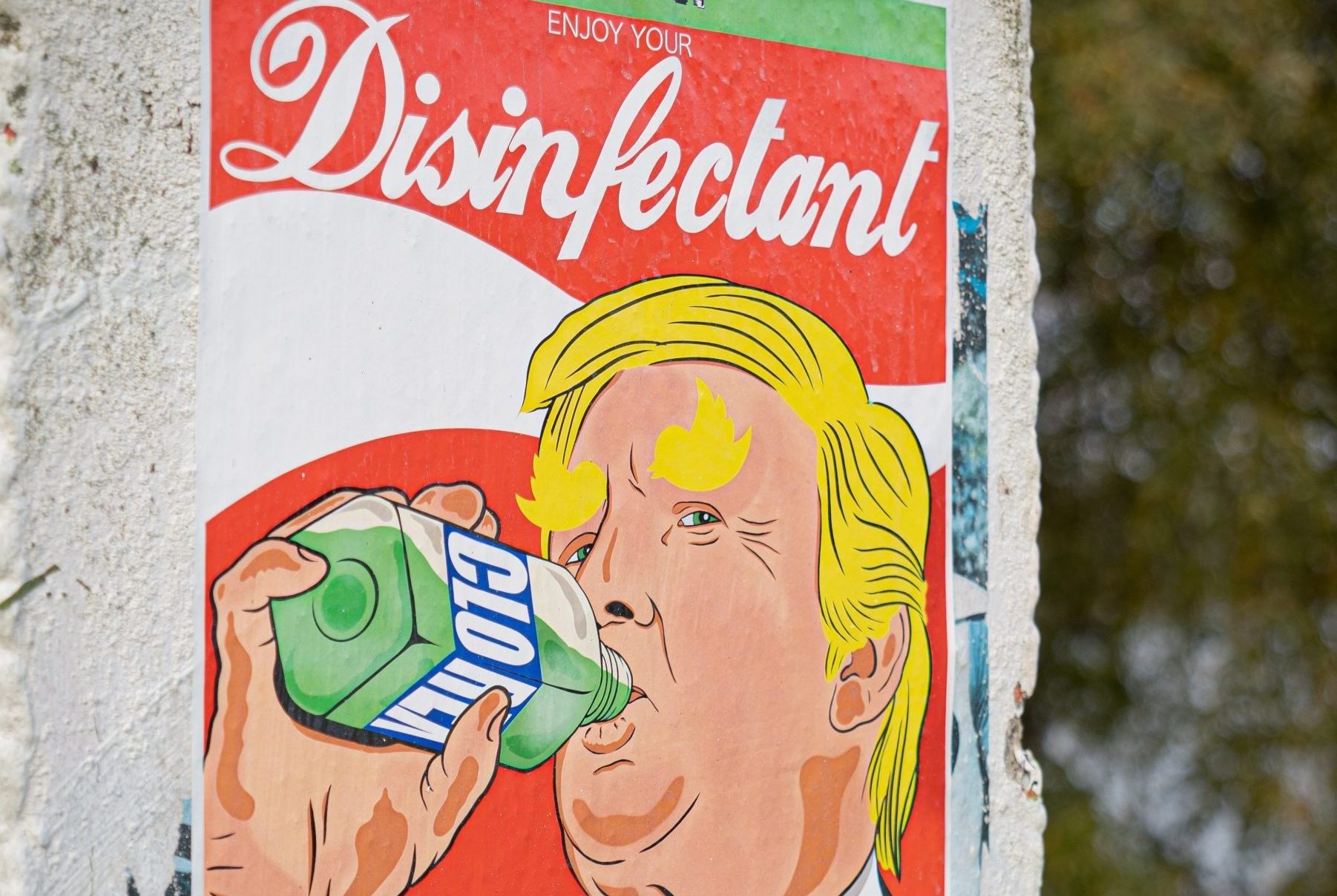 in an article about conspiracy theories a mural of former president Donald Trump drinking disenfectant