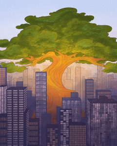 An illustration of a large tree covering a city in shade.