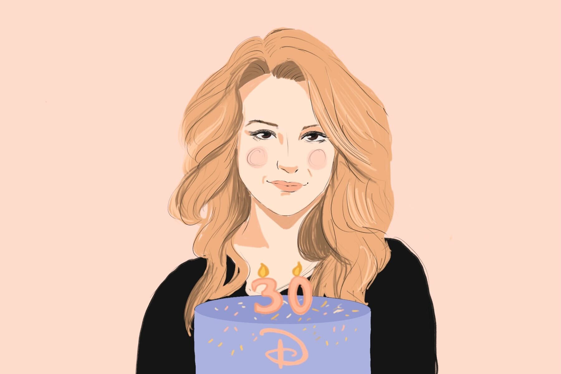 An illustration of Bridgit Mendler standing in front of a 30th birthday cake