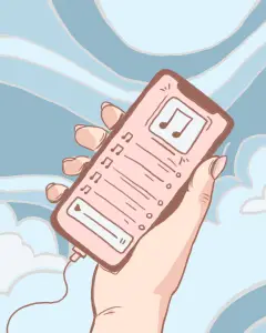 a hand holding a phone displaying a playlist