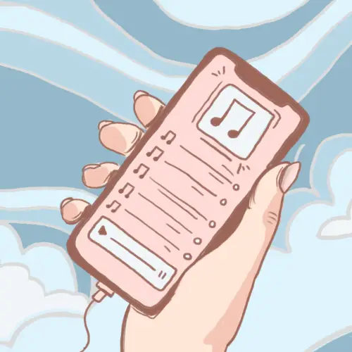 a hand holding a phone displaying a playlist