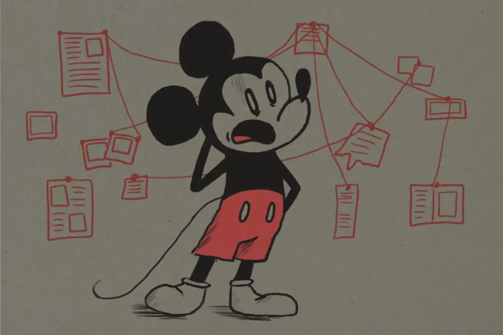 Illustration showing Disney's Mickey Mouse starring at an evidence board