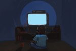 In an article about the impact of television on children, an illustration of a child sitting in front of a glowing TV screen.