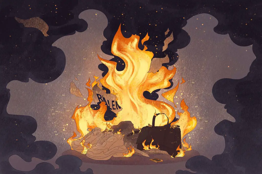 in article about the balenciaga scandal, illustration of a pile of clothes and fashion articles on fire