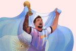 in article about messi and 2022 world cup in qatar, illustration of messi holding the flag of argentina