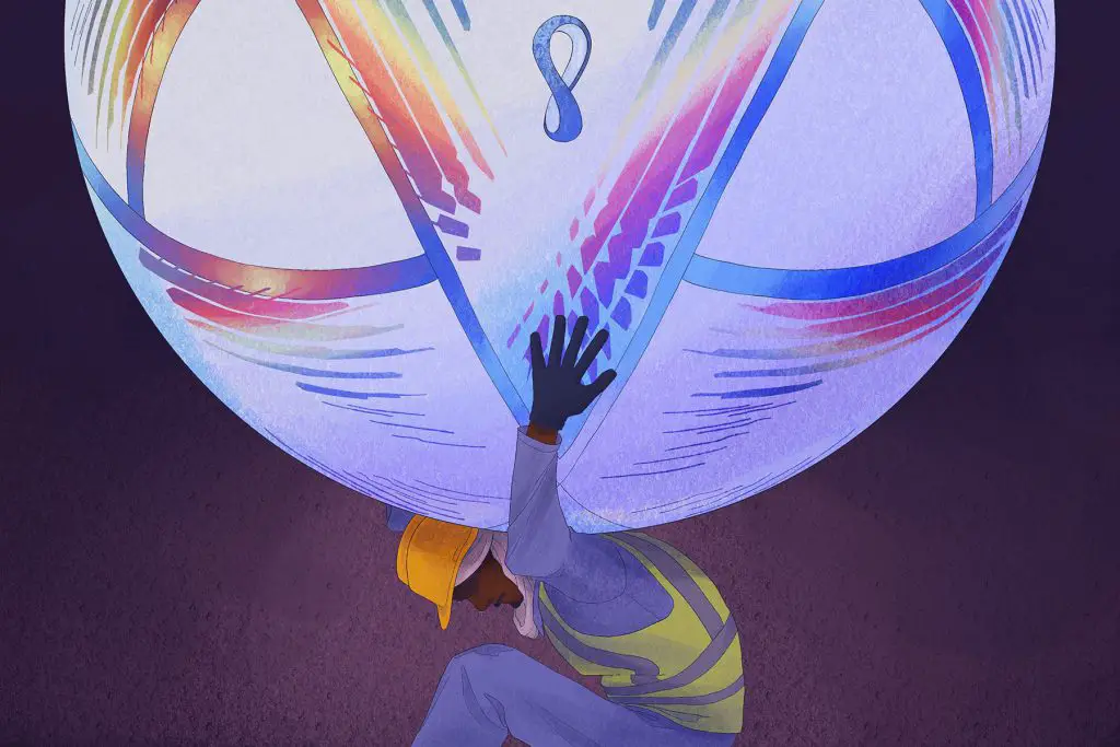 in article about the world cup, illustration of a qatari worker carrying a soccer ball on their back