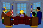 a screenshot of the simpsons shows lisa simpson as president in the oval office