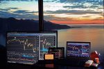 a picture of computer monitors overlooking a sunset view