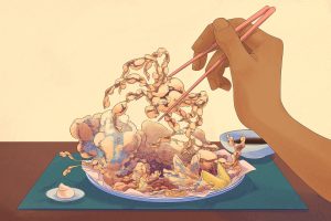 In an article about eating bugs, a person lifts up a fried spider with chopsticks.