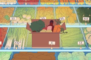 An illustration of a meal kit sitting in front of rows of vegetables at the grocery store.