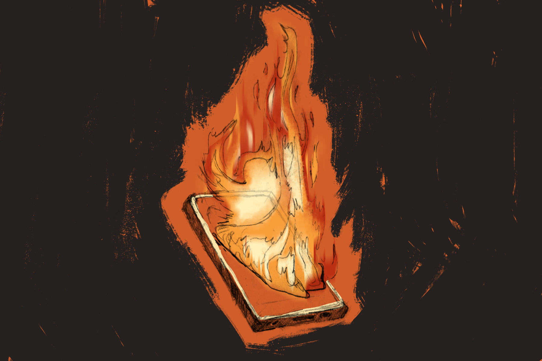 Illustration of a phone on fire, representing 'hot takes.'