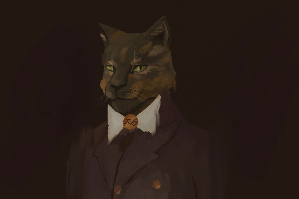 Portrait illustration of a philosophical cat wearing a suit.