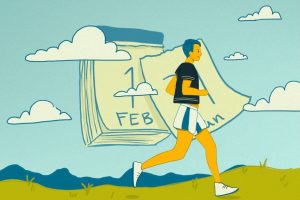 In an article about setting goals for the new year, a runner jogs past a desk calendar that reads Feb. 1.