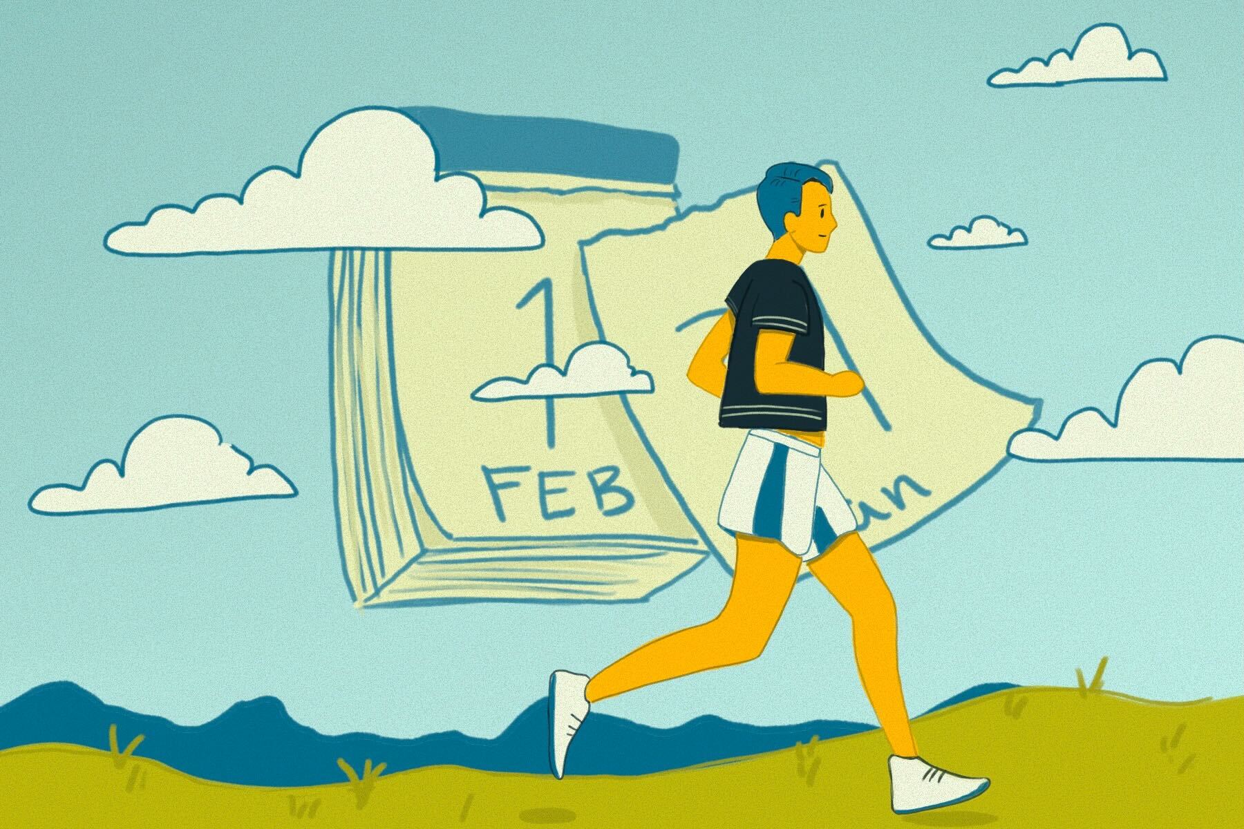 In an article about setting goals for the new year, a runner jogs past a desk calendar that reads Feb. 1.