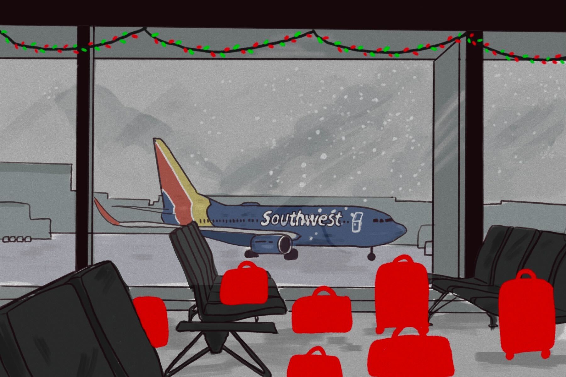 In an article about Southwest Airlines, a Southwest plane can be seen through the window of an airport filled with. lost luggage.