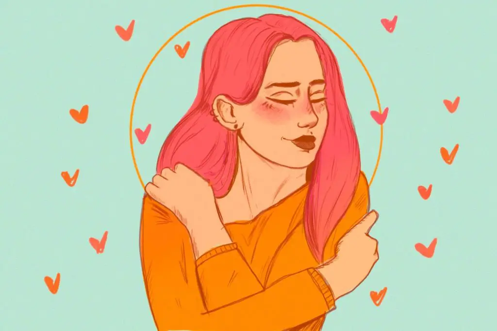 Illustration of a woman loving the time she is spending alone. She embraces herself as tiny hearts float around her.