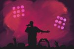 In an article about upcoming tours, the dark silhouette of a musician stands against a fuschia background with an adoring crowd at their feet.