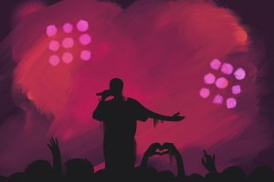In an article about upcoming tours, the dark silhouette of a musician stands against a fuschia background with an adoring crowd at their feet.