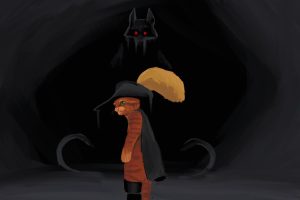 In an article about the sequel to 'Puss in Boots,' the fuzzy orange swashbuckler stands in front of the shadowy figure of death.