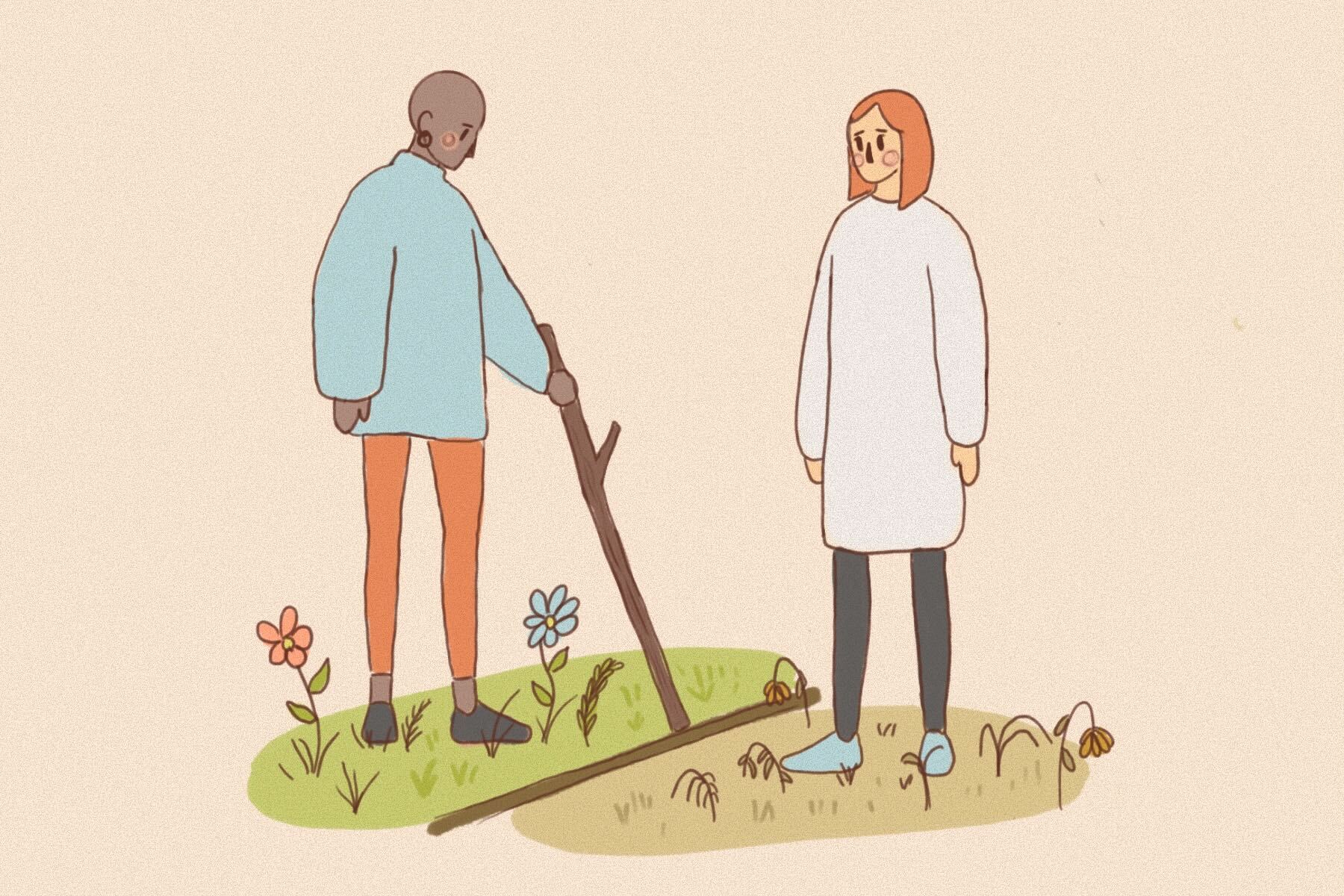 In article about boundaries, illustration of a person setting down a stick as a barrier.