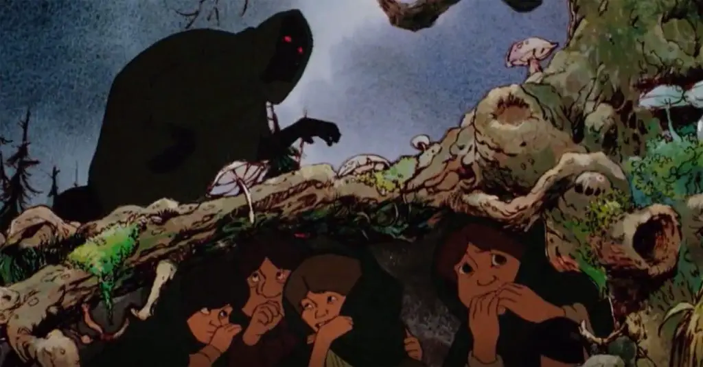 In an article about animator Ralph Bakshi three hobbits from 'Lord of the Rings' hide from a Nazgûl.