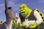 In the film 'Shrek,' the green ogre Shrek stands in a field of sunflowers and talks to his friend Donkey.