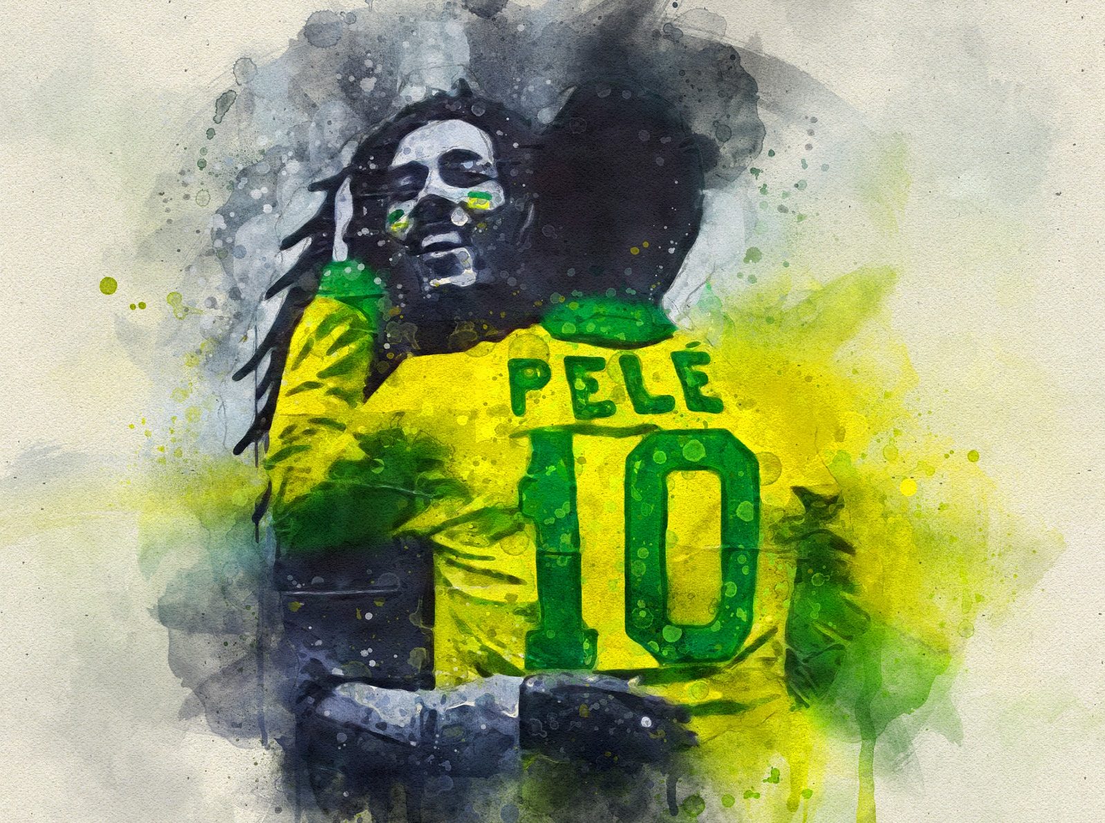 In an article about the legacy of Pelé a mural of the soccer player embracing Bob Marley in his signature yellow jersey.