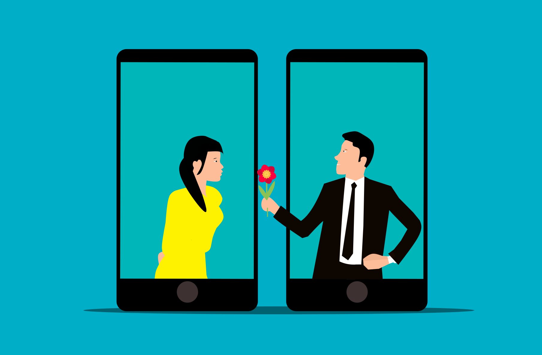 In an article about the female delusion calculator, a man in a suit, confined within a phone screen, offers a flower to a woman confined in a separate phone screen.