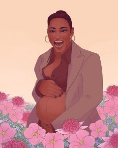 A portrait of actress Keke Palmer holding her pregnant stomach in a field of pink flowers and smiling.
