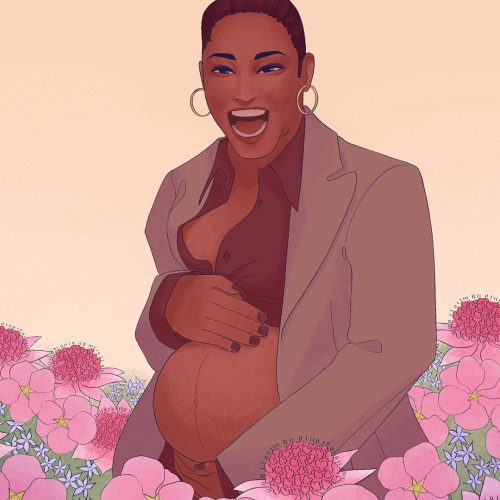 A portrait of actress Keke Palmer holding her pregnant stomach in a field of pink flowers and smiling.