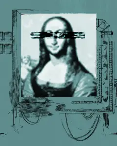 A portrait of the Mona Lisa with her eyes crossed out by some sort of glitch in an article about AI art.