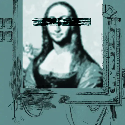 A portrait of the Mona Lisa with her eyes crossed out by some sort of glitch in an article about AI art.