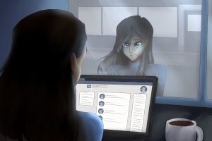 In an article about the toxic aspects of Linkedin, a young girl looks at her social media feed with tears running down her face.