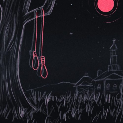 In an article about the Salem Witch Trials, a tree with a rope noose around it.