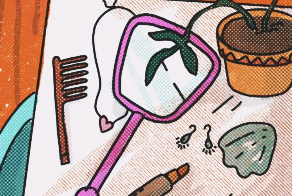 An illustration of personal items like a mirror and brush arranged to fit the messy minimalism aesthetic.